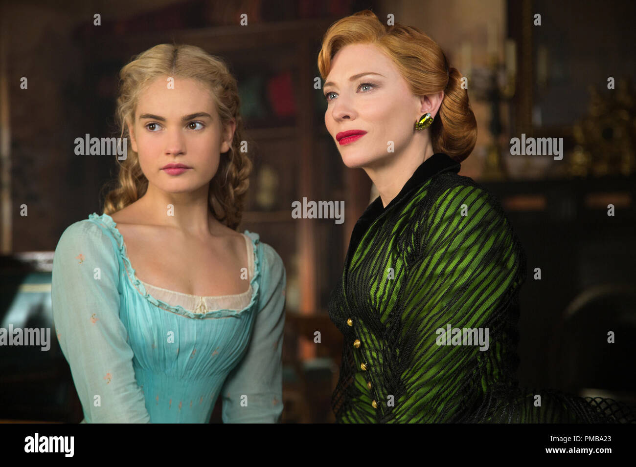 Lily James is Cinderella and Cate Blanchett is the Stepmother in Disney's live-action feature CINDERELLA which brings to life the timeless images from Disney's 1950 animated masterpiece as fully-realized characters in a visually dazzling spectacle for a whole new generation. Stock Photo