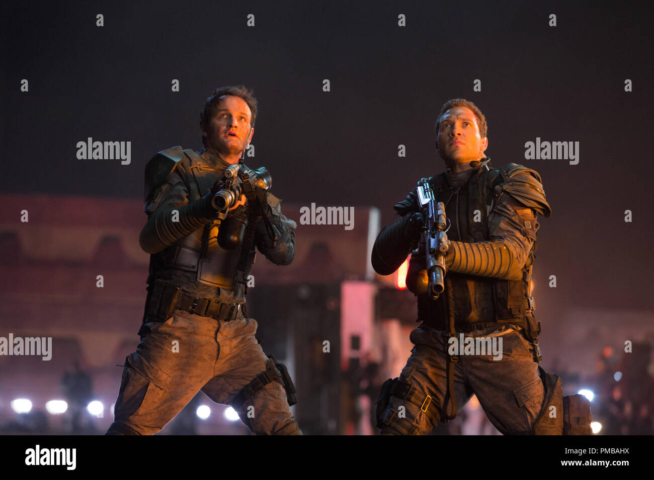 Left to right: Jason Clarke plays John Connor and Jai Courtney plays Kyle Reese in TERMINATOR GENISYS from Paramount Pictures and Skydance Productions. Stock Photo