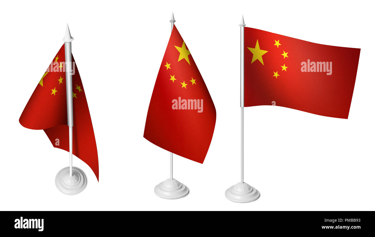 3 Isolated Small China Desk Flags 3d Realistic China Flag Stock