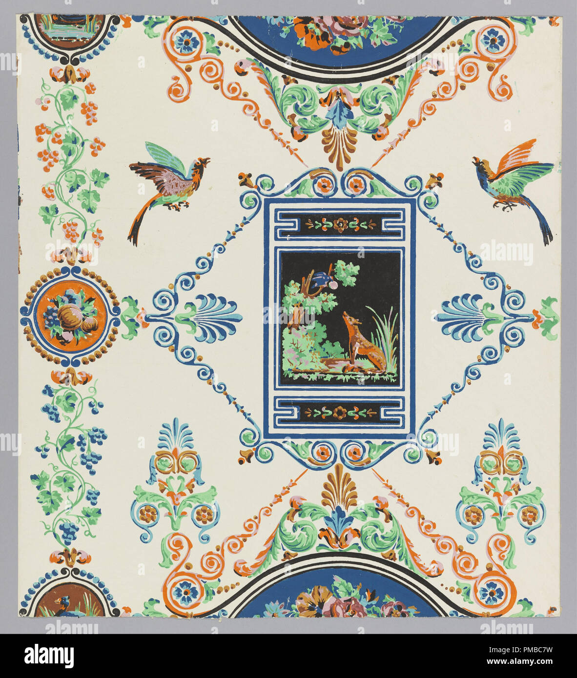 Aesop's Fable: The Fox and the Crow. Date/Period: 1840. Sidewall. Block-printed on paper. Height: 535 mm (21.06 in); Width: 480 mm (18.89 in). Author: UNKNOWN. Stock Photo