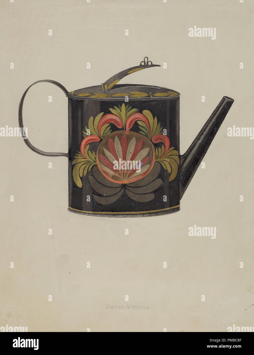 Toleware Tin Coffee Pot. Dated: c. 1938. Dimensions: overall: 35.7 x 28.2 cm (14 1/16 x 11 1/8 in.)  Original IAD Object: 9' wide; 6 5/8' high. Medium: watercolor, graphite, and gouache on paperboard. Museum: National Gallery of Art, Washington DC. Author: Jacob Gielens. Stock Photo