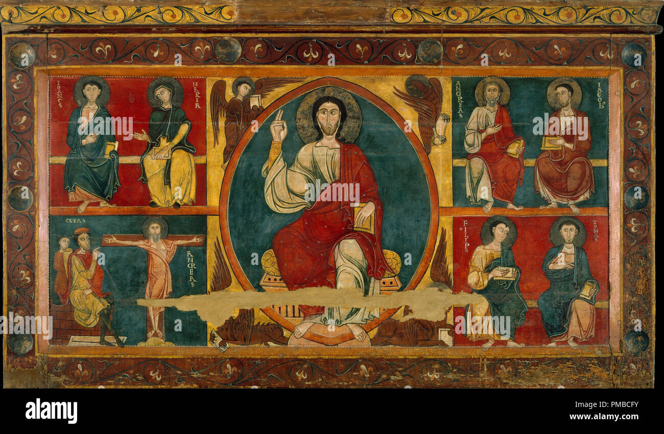 Altar frontal from Baltarga. Date/Period: Ca. 1200. Painting. Tempera and remains of varnished metal plate on wood. Height: 960 mm (37.79 in); Width: 1,597 mm (62.87 in). Author: UNKNOWN. Stock Photo