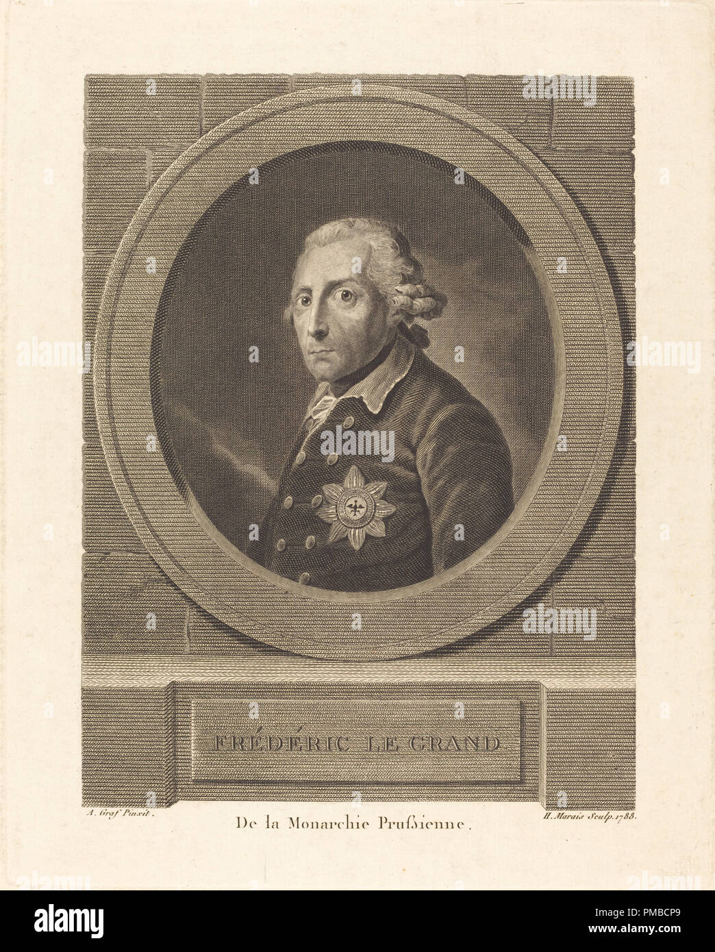 Frederick the Great, King of Prussia. Dated: 1788. Dimensions: plate: 26 x 20.6 cm (10 1/4 x 8 1/8 in.)  sheet: 29.4 x 22.2 cm (11 9/16 x 8 3/4 in.). Medium: engraving on laid paper. Museum: National Gallery of Art, Washington DC. Author: Henri Marais after Anton Graff. Stock Photo