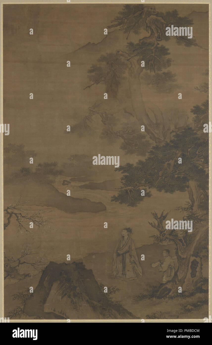 Carrying a Zither while Searching for Plum Blossoms. Painting. On hanging scroll mounted on panel: ink and color on silk. Height: 149 cm (58.6 in); Width: 97.3 cm (38.3 in). Author: Artist Unknown. Stock Photo
