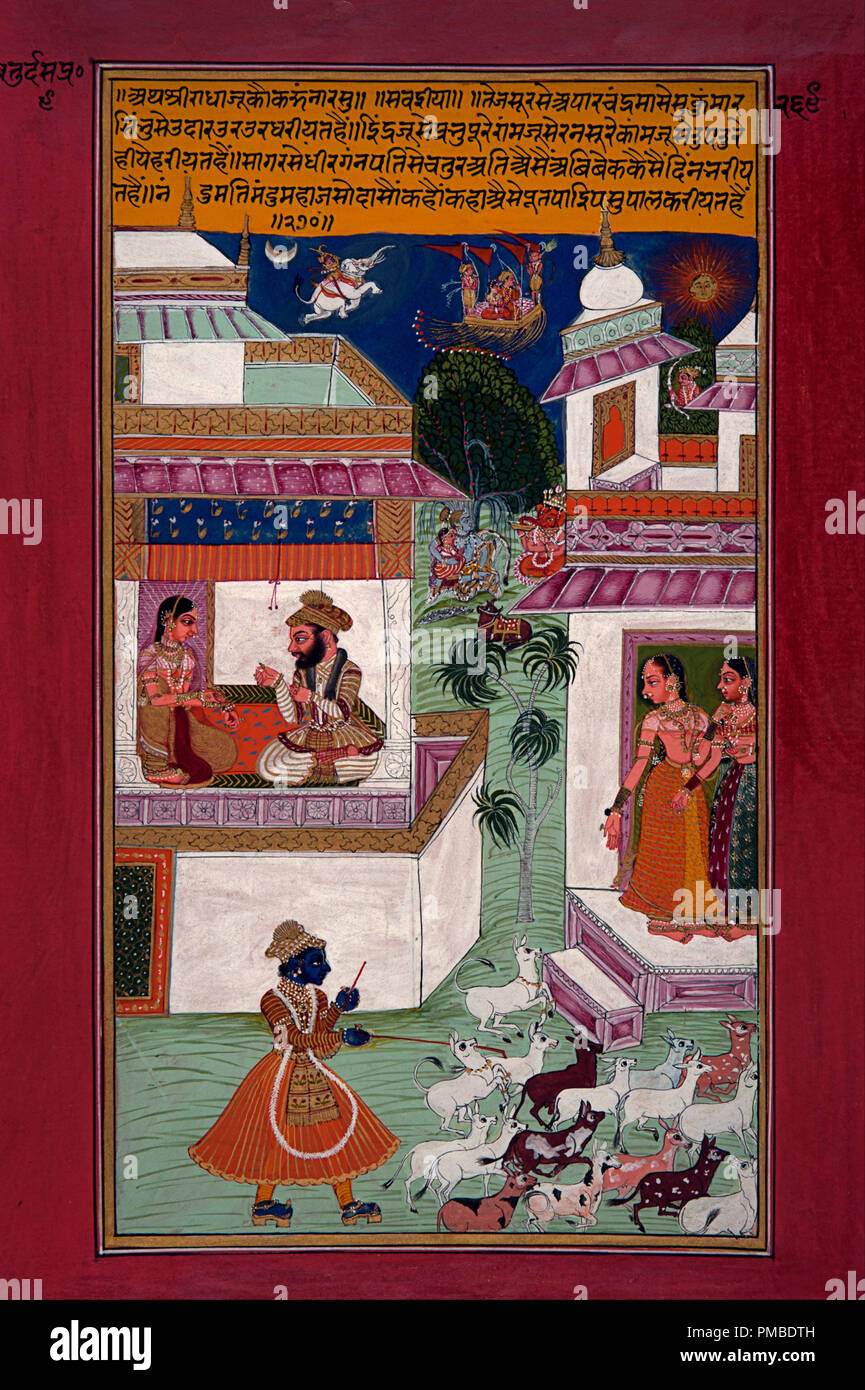 Cowherd Krishna and surprised Radha. Date/Period: 1700. Painting. Height: 255 mm (10.03 in); Width: 390 mm (15.35 in). Author: UNKNOWN. Stock Photo