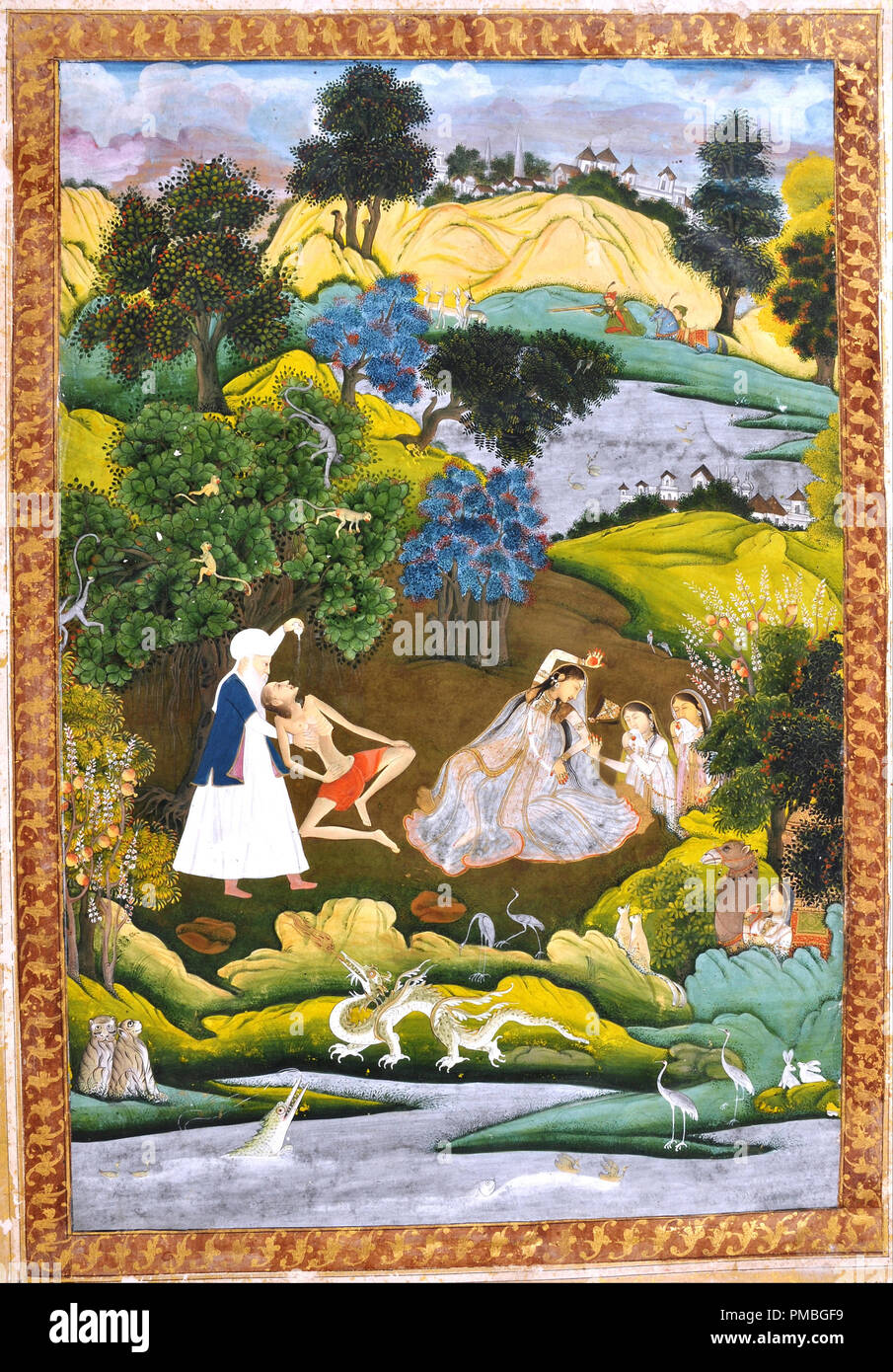 Fainted Laila and Majnun-Based on the Khamsa of Persian poet Nizami. Date/Period: 1740 - 1750. Painting. Height: 325 mm (12.79 in); Width: 480 mm (18.89 in). Author: UNKNOWN. Stock Photo