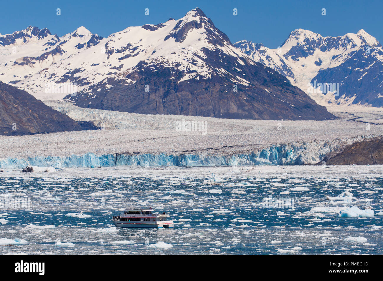 Tour boat at Columbia Glacier, Prince William Sound, Alaska. Stock Photo