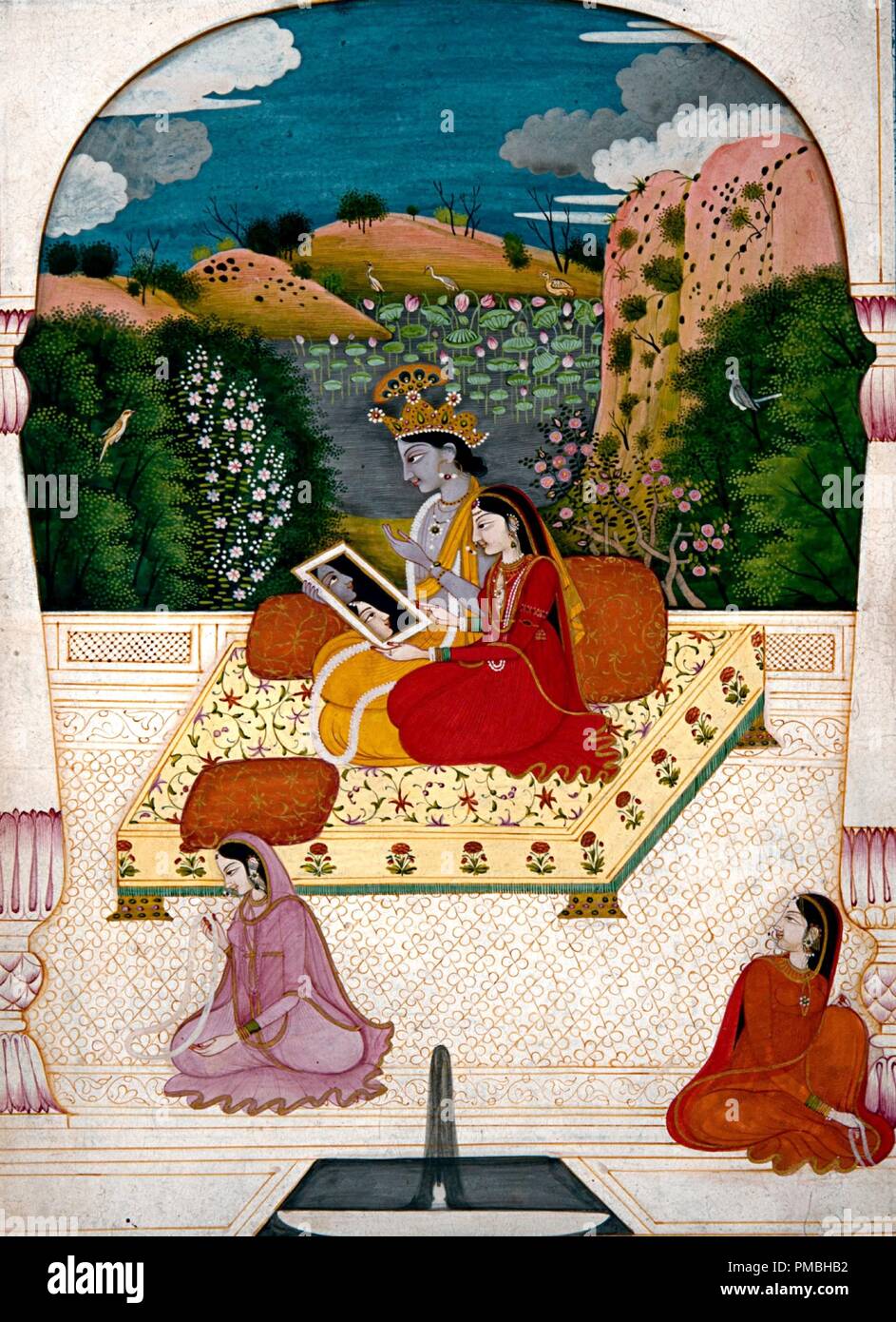 Krishna and Radha looking into a mirror. Date/Period: 1800. Painting. Height: 310 mm (12.20 in); Width: 220 mm (8.66 in). Author: UNKNOWN. Stock Photo