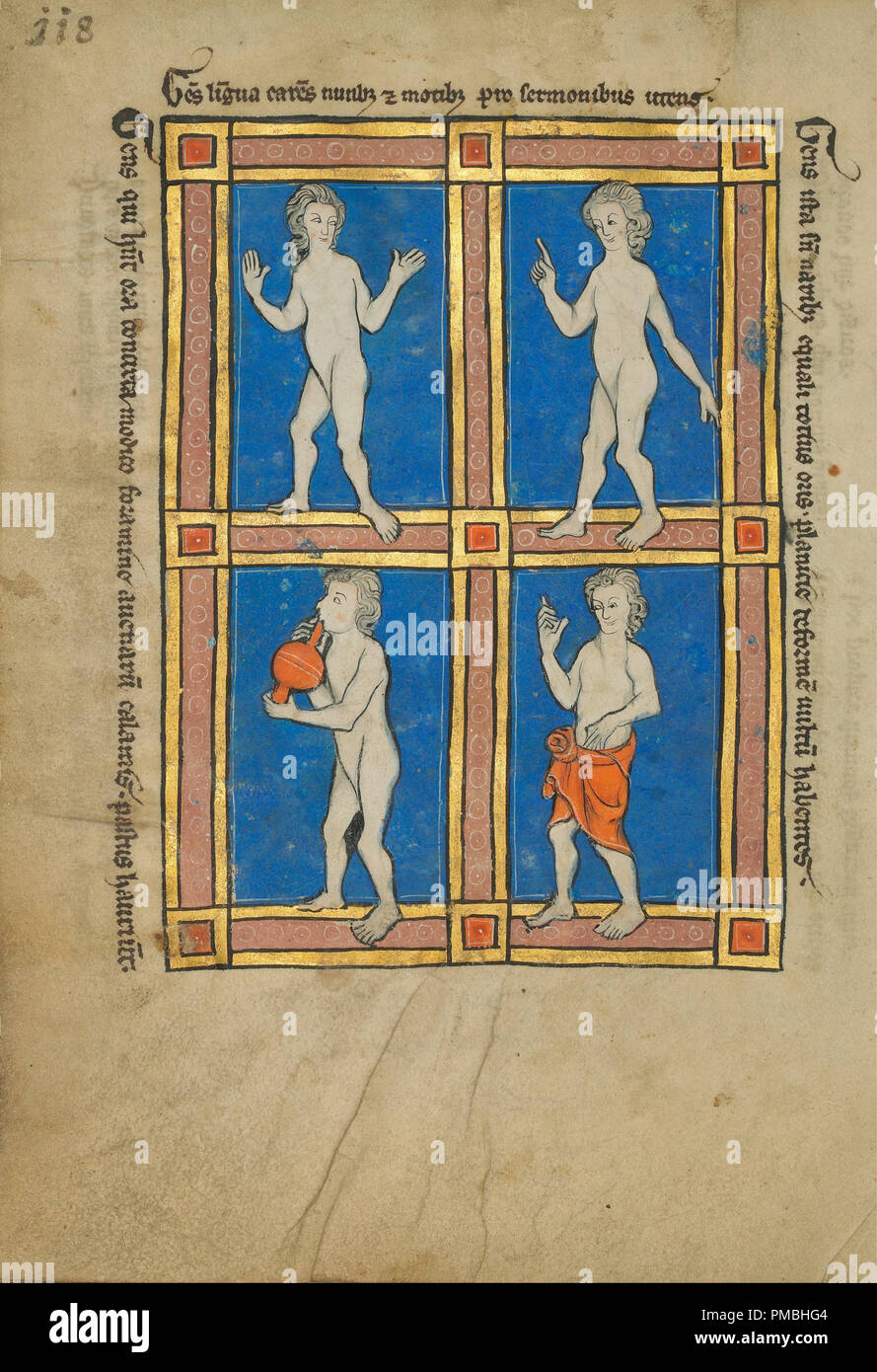 Men Who Speak Through Gestures; A Man Who Drinks From a Straw; A Man Without a Nose. Date/Period: Fourth quarter of 13th century (after 1277). Folio. Tempera colors, pen and ink, gold leaf, and gold paint on parchment. Height: 233 mm (9.17 in); Width: 164 mm (6.45 in). Author: UNKNOWN. Stock Photo