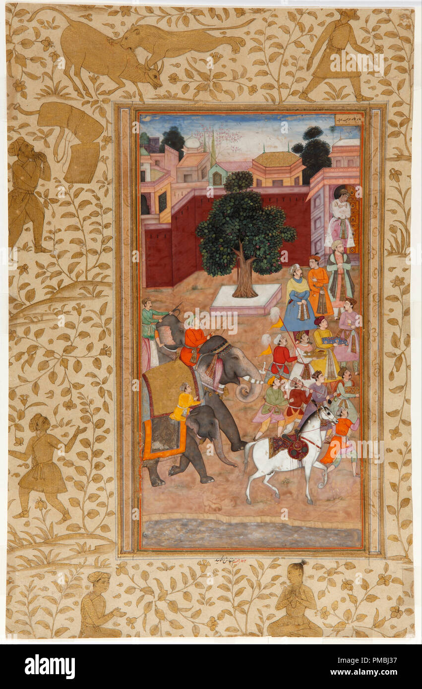 Procession of the Emperor of Akbar in the Akbar Namah of Abu-l Fazl. Date/Period: 1600/1603. Width: 22 cm. Height: 34.1 cm (Complete). Author: UNKNOWN. Stock Photo