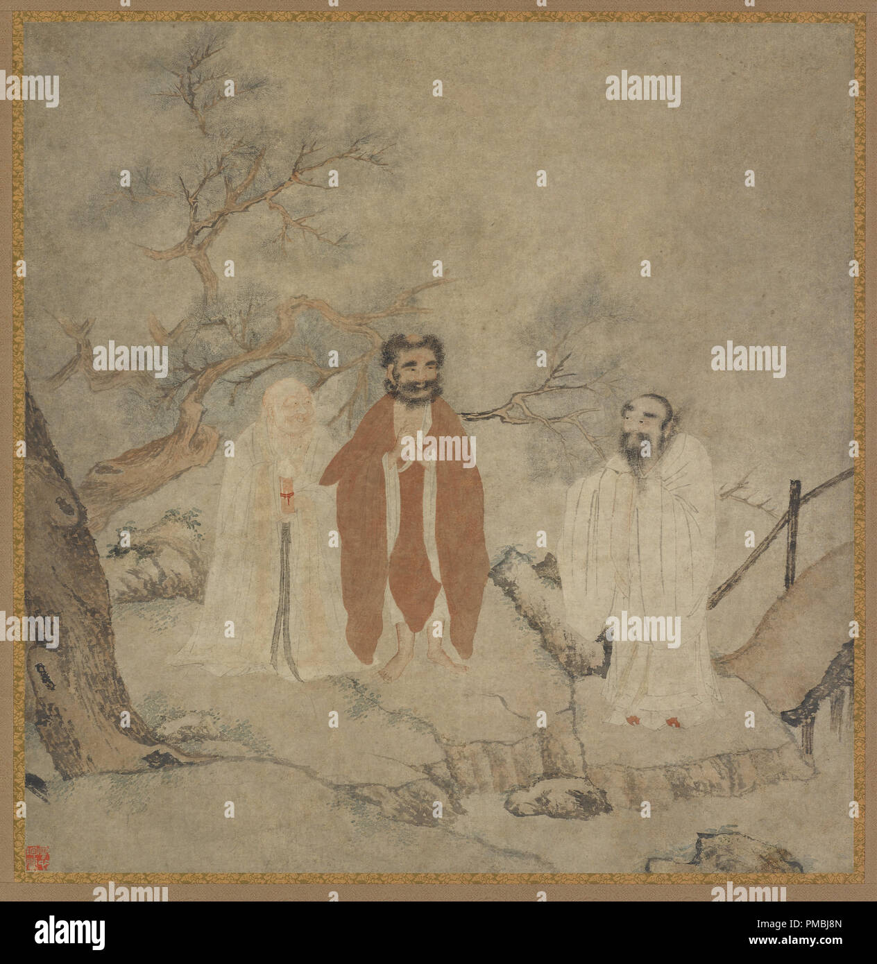 Sakyamuni, Lao Tzu, and Confucius. Date/Period: From 1368 until 1644. Painting. Ink and color on paper. Height: 1,515 mm (59.64 in); Width: 800 mm (31.49 in). Author: UNKNOWN. Chinese Master. Stock Photo
