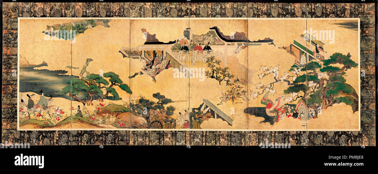 Scenes from the three chapters of The tale of Genji [Genji monogatari]. Date/Period: 17th century. Decorative Arts. Single six panel screen, colour and gold on paper. Height: 91 mm (3.58 in); Width: 232 mm (9.13 in). Author: UNKNOWN. ANONYMOUS. Stock Photo