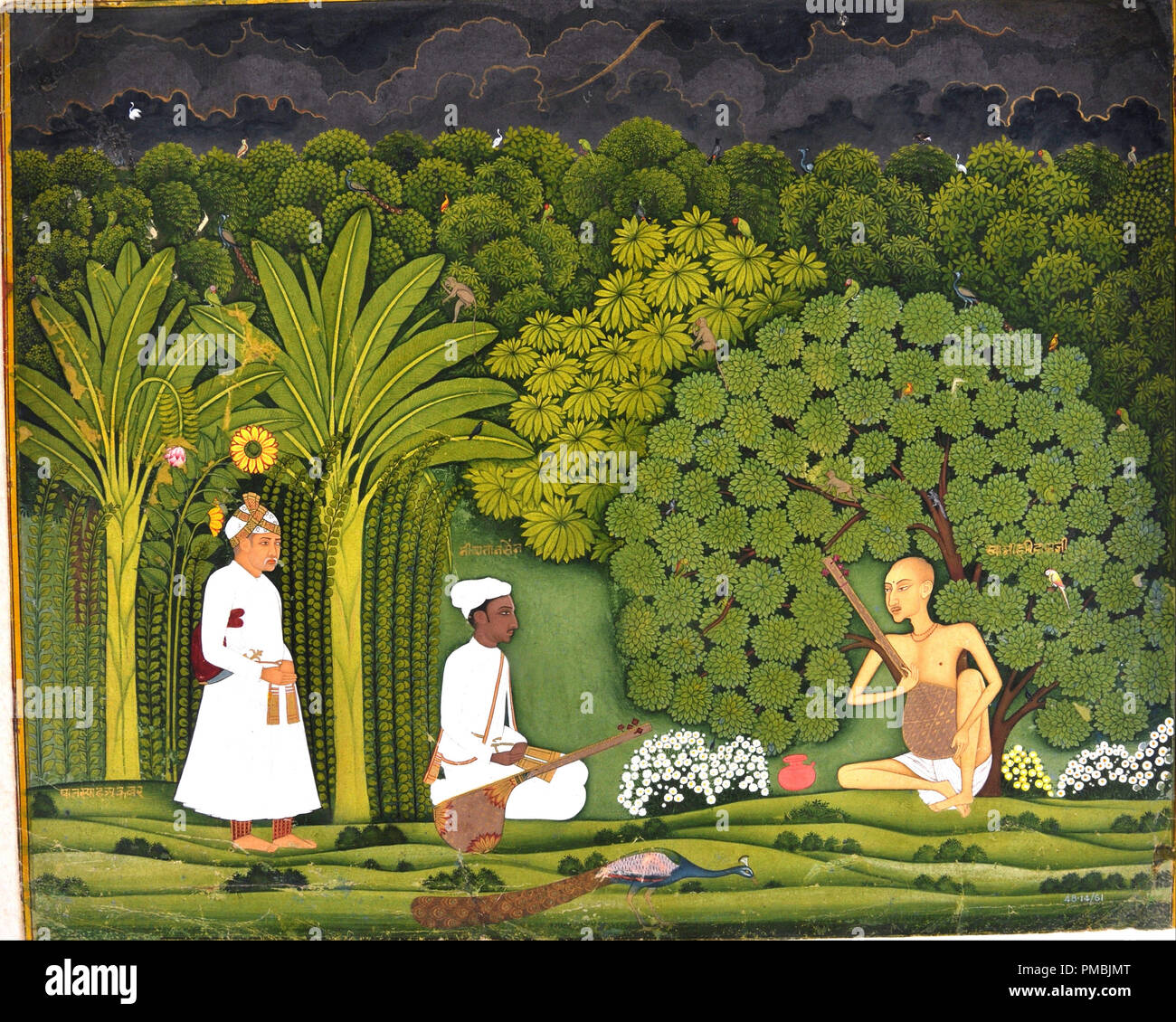 Swami Haridasa with Tansen and Akbar at Vrindavana. Date/Period: 1700 - 1760. Painting. Height: 250 mm (9.84 in); Width: 310 mm (12.20 in). Author: UNKNOWN. Stock Photo