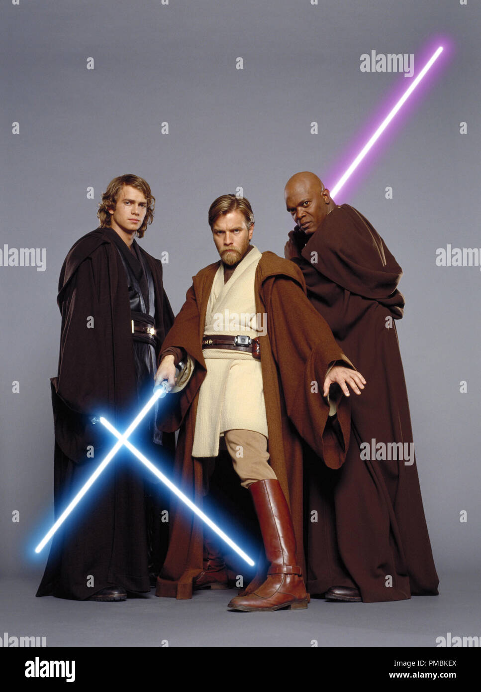 Anakin Skywalker (Hayden Christensen), Obi-Wan Kenobi (Ewan McGregor) and Mace Windu (Samuel L. Jackson) appear in the final Star Wars movie, Star Wars: Episode III Revenge of the Sith. TM & © 2005 Lucasfilm Ltd. All Rights Reserved. Stock Photo