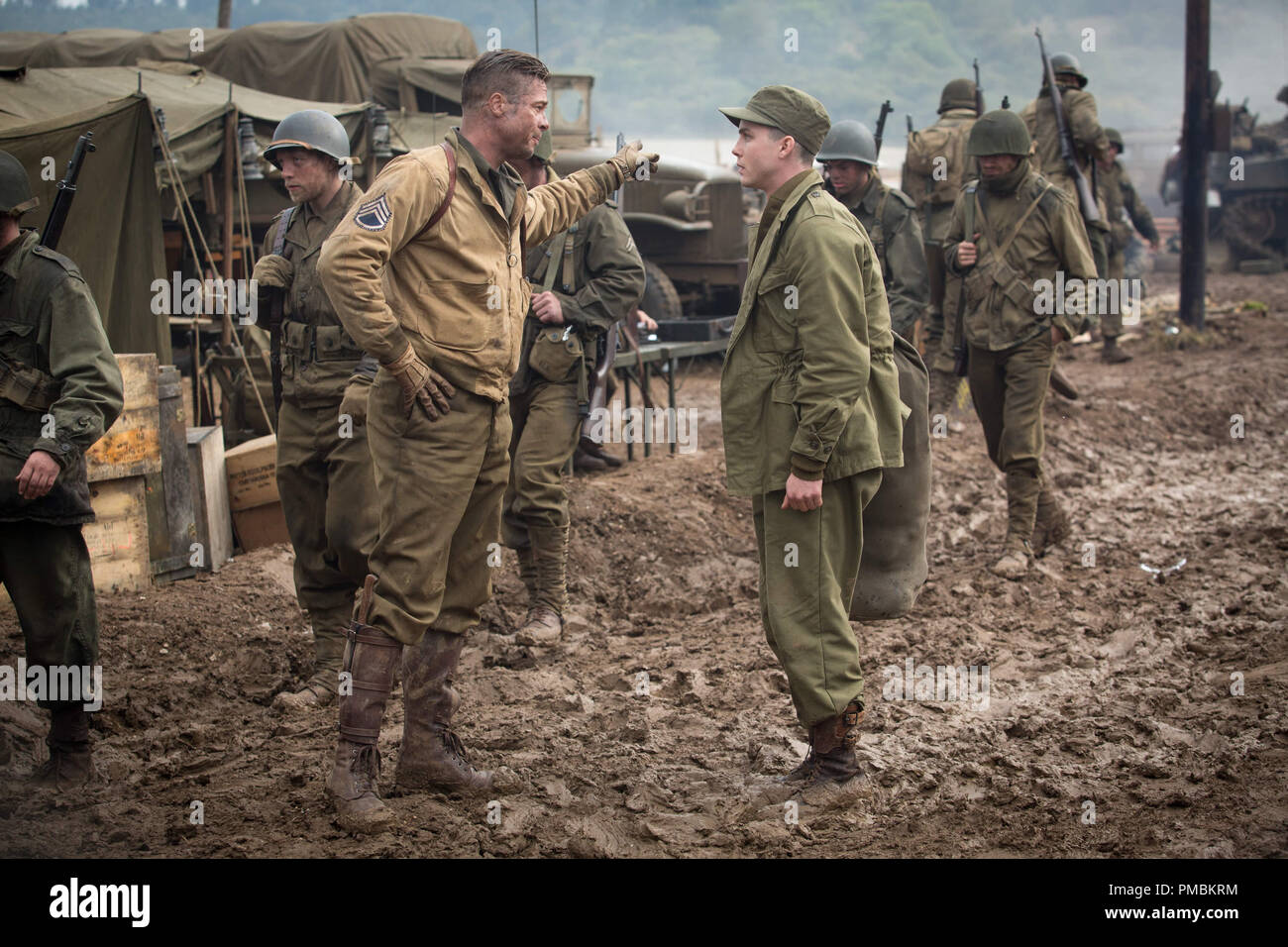 Wardaddy (Brad Pitt) meets Norman (Logan Lerman) for the first time in Columbia Pictures' FURY. Stock Photo