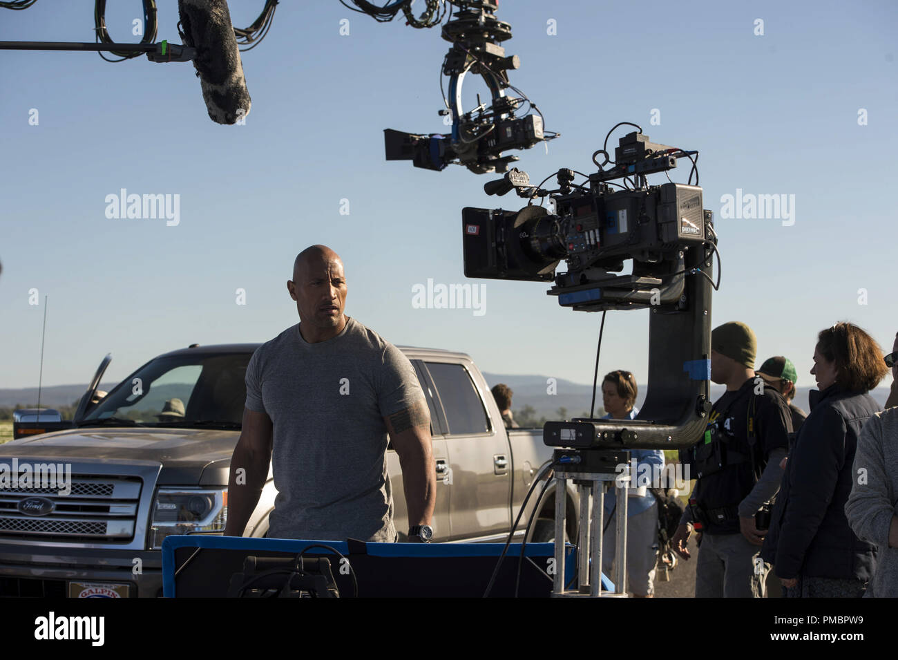 Dwayne Johnson on the set of the action thriller 'SAN ANDREAS,' a production of New Line Cinema and Village Roadshow Pictures, released by Warner Bros. Pictures. Stock Photo