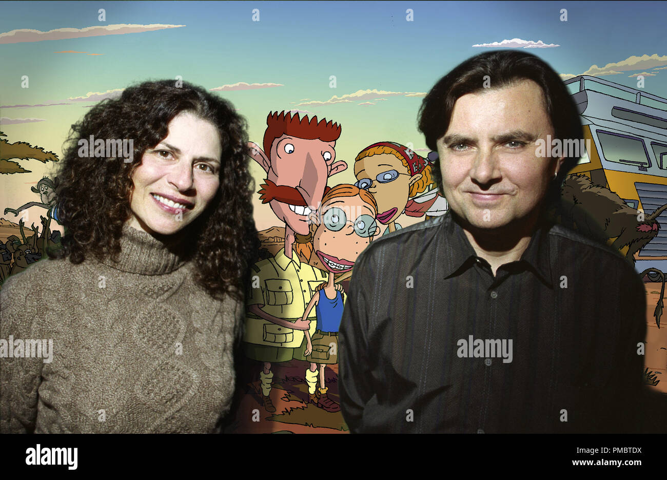 Foreground left to right) Creator-producer Arlene Klasky and Gabor Csupo,  (background center, left to right) Nigel, Eliza and Marianne of "The Wild  Thornberrys Movie." (2002 Stock Photo - Alamy