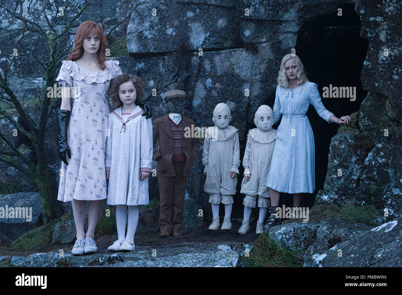 'Miss Peregrine's Home for Peculiar Children' (2016) Meet some of the very special 'Peculiars' Left to right: Olive (Lauren McCrostie), Bronwyn (Pixie Davies), Millard (Cameron King), the twins (Thomas and Joseph Odwell) and Emma (Ella Purnell). Stock Photo
