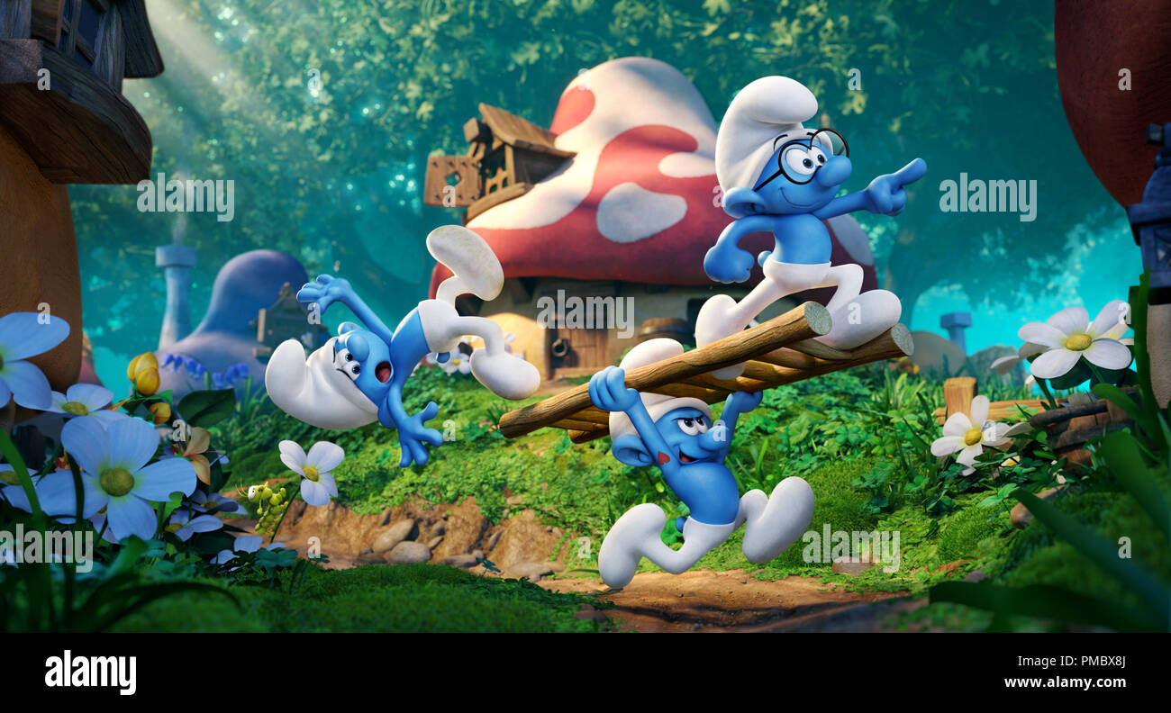 Clumsy (Jack McBrayer), Hefty (Joe Manganiello) and Brainy (Danny Pudi) in Columbia Pictures and Sony Pictures Animation's SMURFS: THE LOST VILLAGE. (2017) Stock Photo