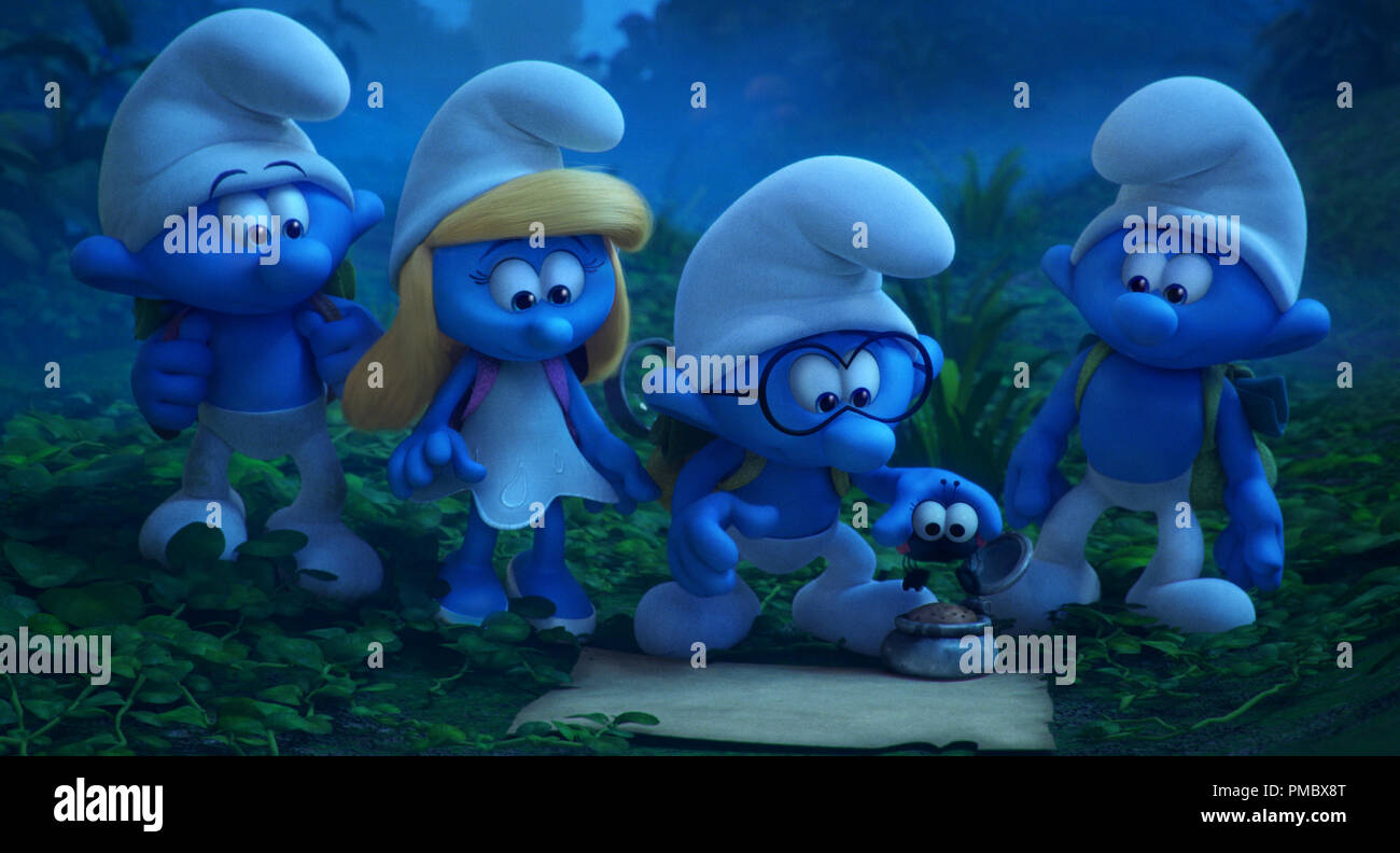 Clumsy (Jack McBrayer), Smurfette (Demi Lovato), Brainy (Danny PudI) and Hefty (Joe Manganiello) in Columbia Pictures and Sony Pictures Animation's SMURFS: THE LOST VILLAGE. (2017) Stock Photo