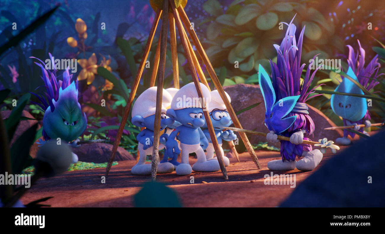 Clumsy (Jack McBrayer), Hefty (Joe Manganiello) and Brainy (Danny Pudi) in Columbia Pictures and Sony Pictures Animation's SMURFS: THE LOST VILLAGE. (2017) Stock Photo