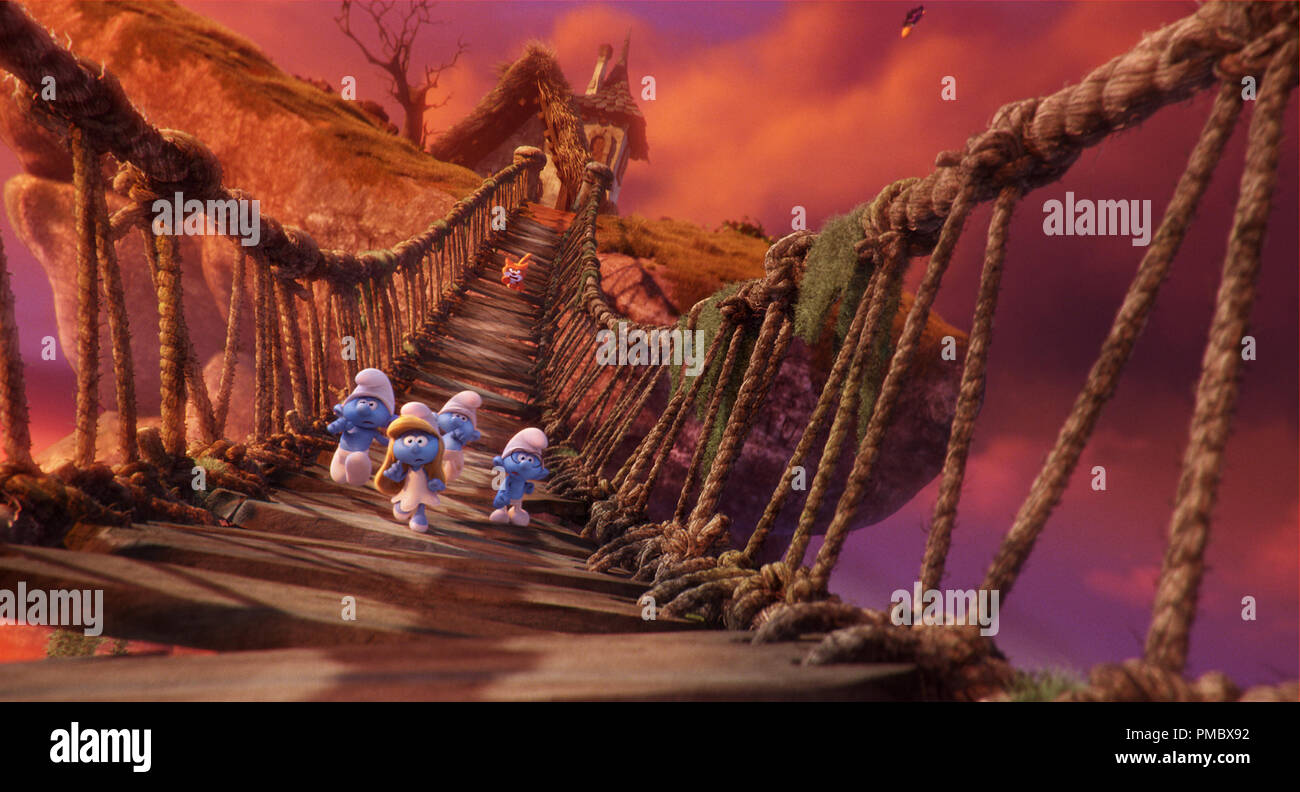 Hefty (Joe Manganiello), Smurfette (Demi Lovato), Clumsy (Jack McBrayer) and Brainy (Dany Pudi) in Columbia Pictures and Sony Pictures Animation's SMURFS: THE LOST VILLAGE. (2017) Stock Photo