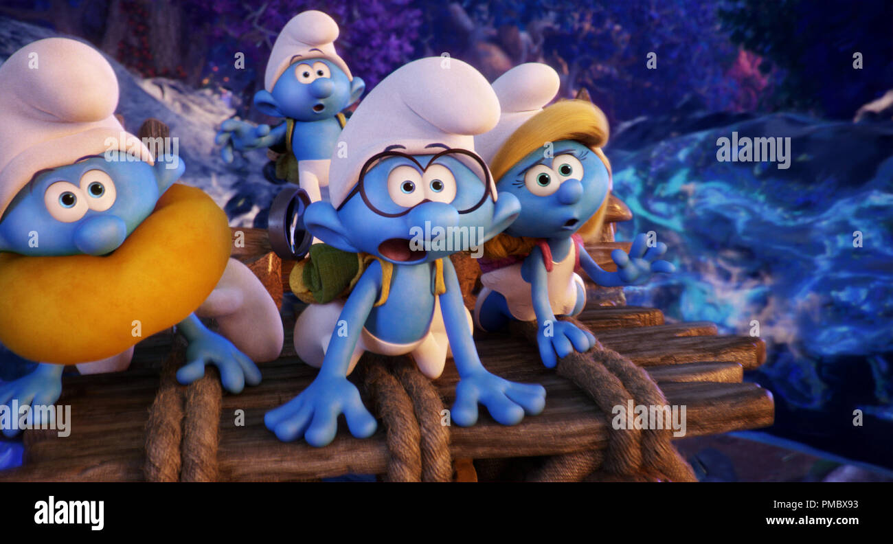 Clumsy (Jack McBrayer), Hefty (Joe Manganiello), Brainy (Danny Pudi) and Smurfette (Demi Lovato) river rafting in Columbia Pictures and Sony Pictures Animation's SMURFS: THE LOST VILLAGE. (2017) Stock Photo