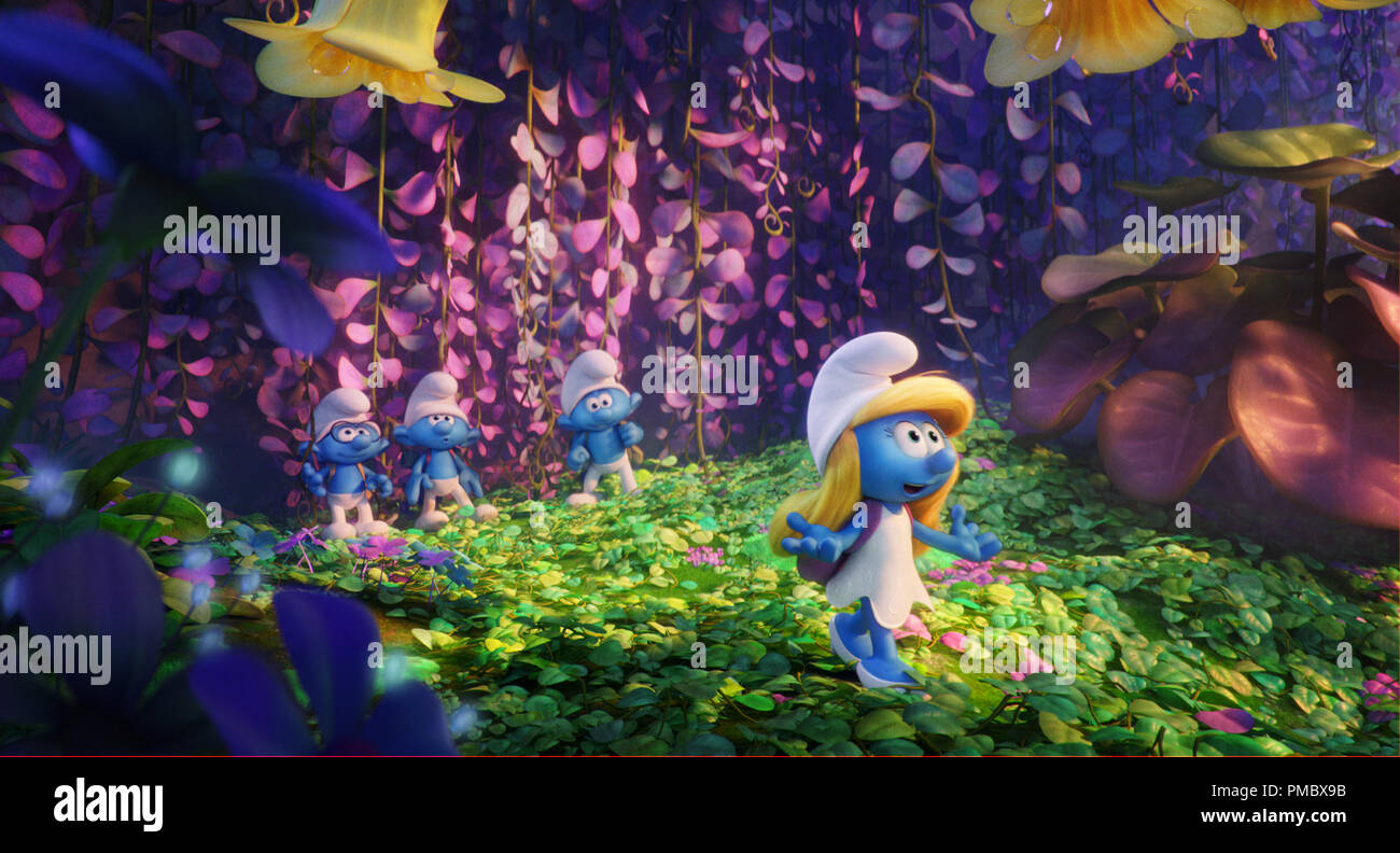 Brainy (Dany Pudi), Clumsy (Jack McBrayer), Hefty (Joe Manganiello) and Smurfette (Demi Lovato) in Columbia Pictures and Sony Pictures Animation's SMURFS: THE LOST VILLAGE. (2017) Stock Photo