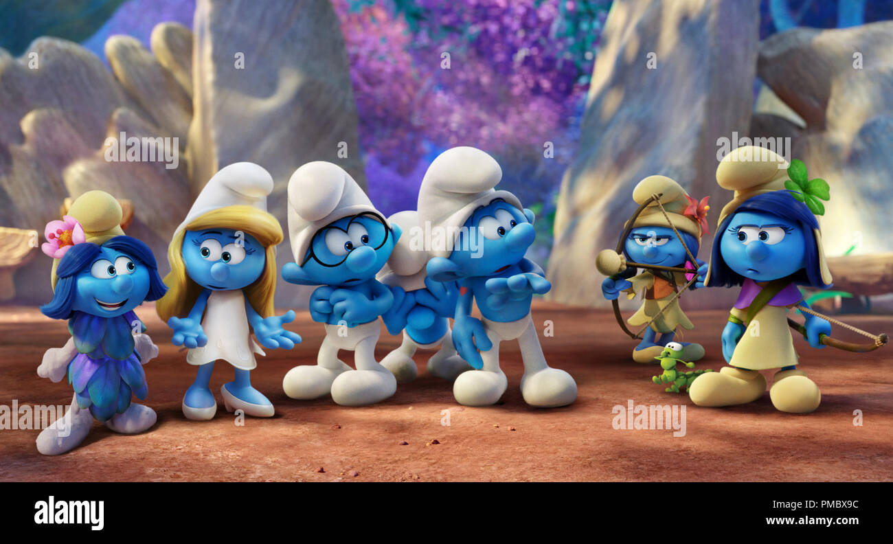 Smurfblossom (Ellie Kemper), Smurfette (Demi Lovato), Brainy (Dany Pudi), Clumsy (Jack McBrayer), Hefty (Joe Manganiello), Smurflily (Ariel Winter) and Smufstorm (Michelle Rodriguez) in Columbia Pictures and Sony Pictures Animation's SMURFS: THE LOST VILLAGE. (2017) Stock Photo