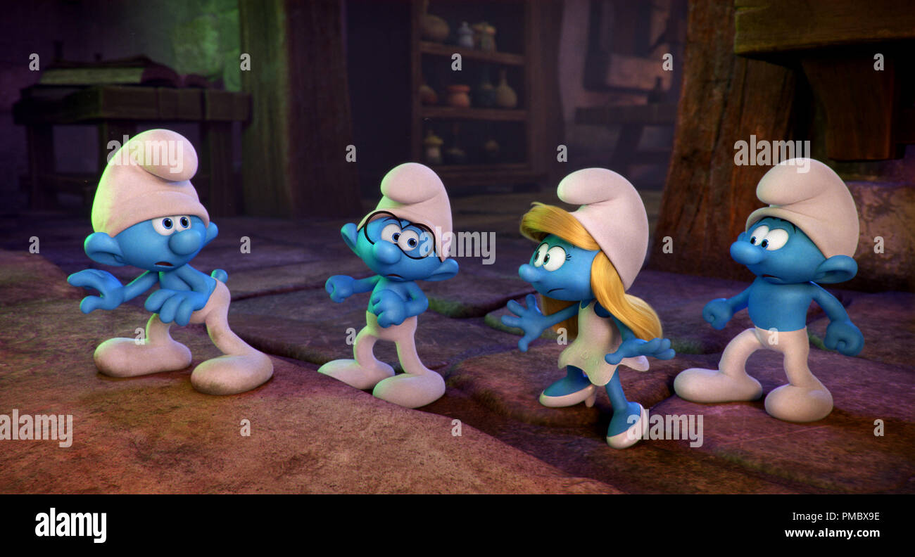 Clumsy (Jack McBrayer), Brainy (Danny Pudi), Smurfette (Demi Lovato) and Hefty (Joe Manganiello) in Columbia Pictures and Sony Pictures Animation's SMURFS: THE LOST VILLAGE. (2017) Stock Photo