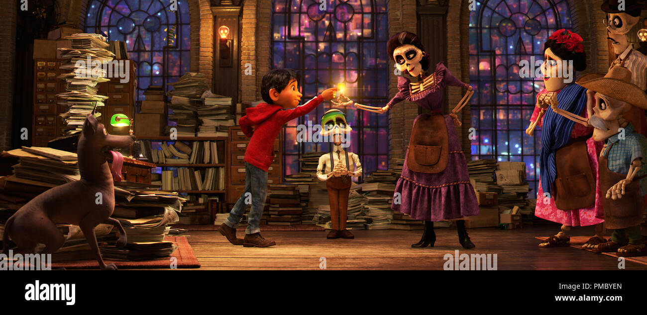 BLESSED? – Aspiring musician Miguel learns from the head clerk in the Department of Family Reunions in the Land of the Dead that he’ll need a blessing from a family member to return to the Land of the Living. But Miguel’s great-great-grandmother Mamá Imelda’s blessing comes with an unfortunate condition. Featuring Anthony Gonzalez as the voice of Miguel, Gabriel Iglesias as the voice of the clerk and Alanna Ubach as the voice of Mamá Imelda, Disney/Pixar's “Coco” opens in U.S. theaters on Nov. 22, 2017. ©2017 Disney•Pixar. All Rights Reserved. Stock Photo