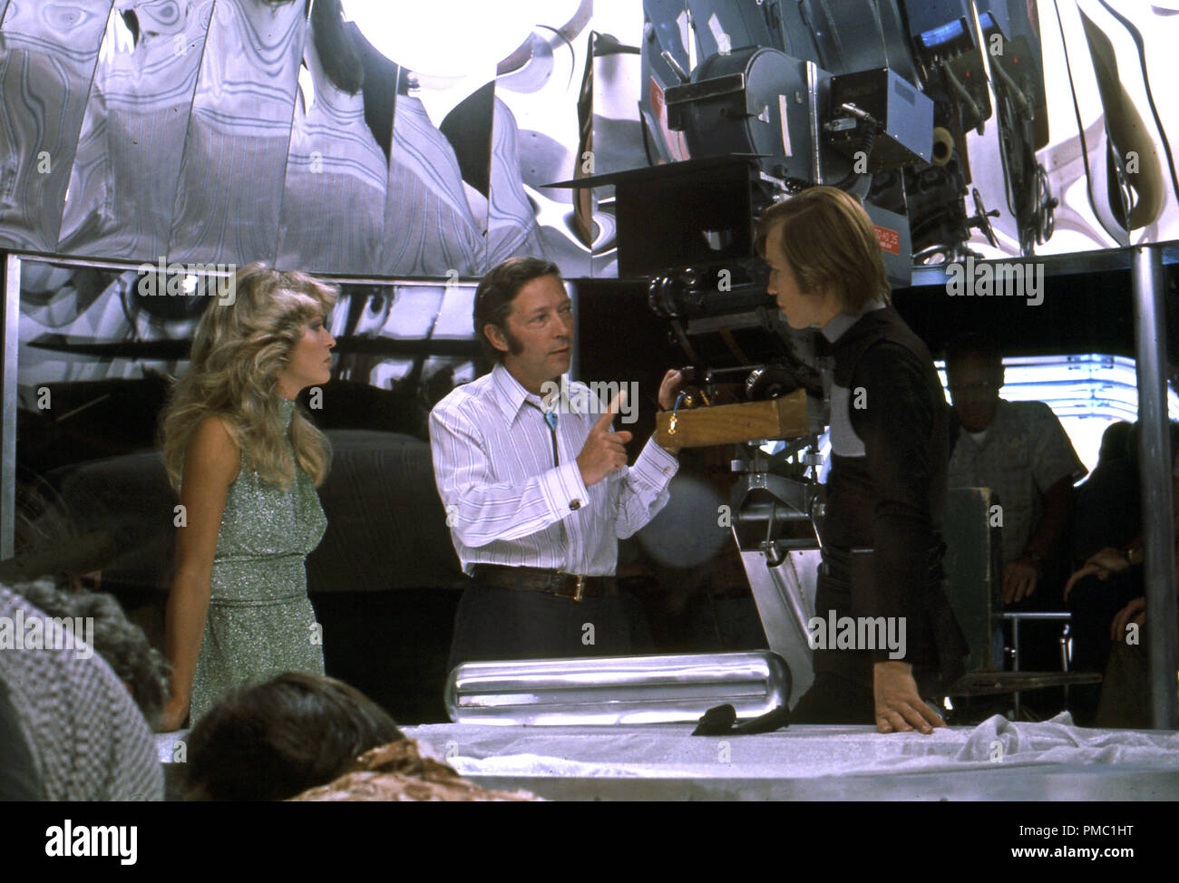 Farrah Fawcett, Director Michael Anderson, Michael York,  'Logan's Run' (1976) MGM   File Reference # 33595 511THA Stock Photo