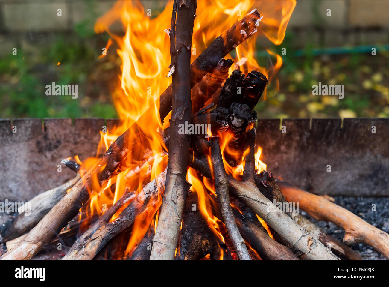 Firewood is burning in the brazier, picnic preparation Stock Photo - Alamy