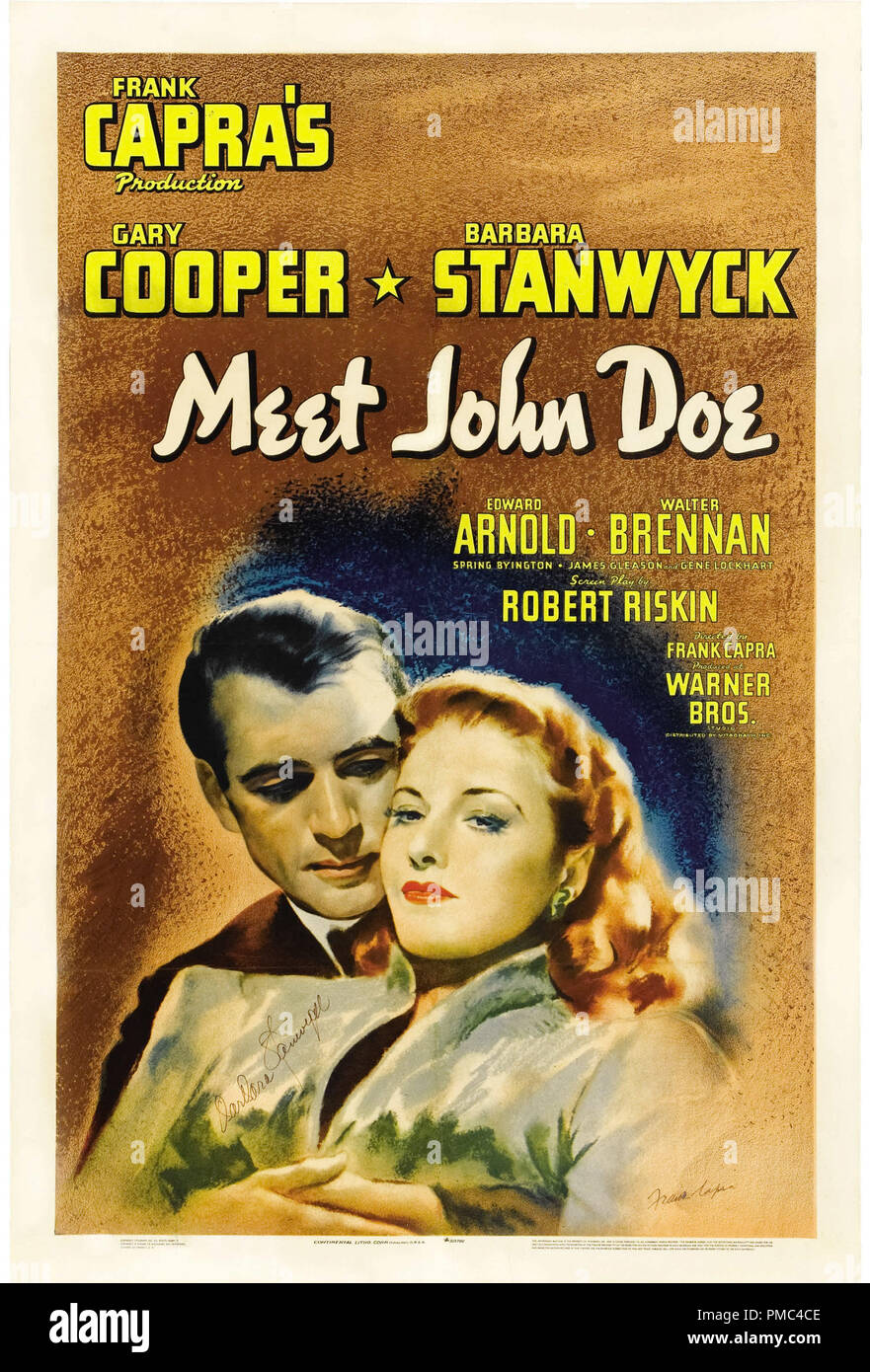 Gary Cooper, Barbara Stanwyck,  Meet John Doe (Warner Brothers, 1941). Poster  File Reference # 33595_650THA Stock Photo