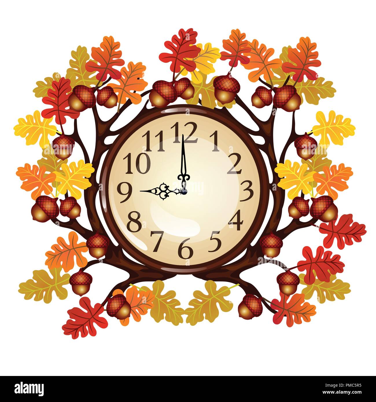Vintage wall clock with ornate frame of tree branches with autumn oak leaves and acorns. Element of interior design on theme of golden autumn isolated on white background. Vector cartoon close-up. Stock Vector