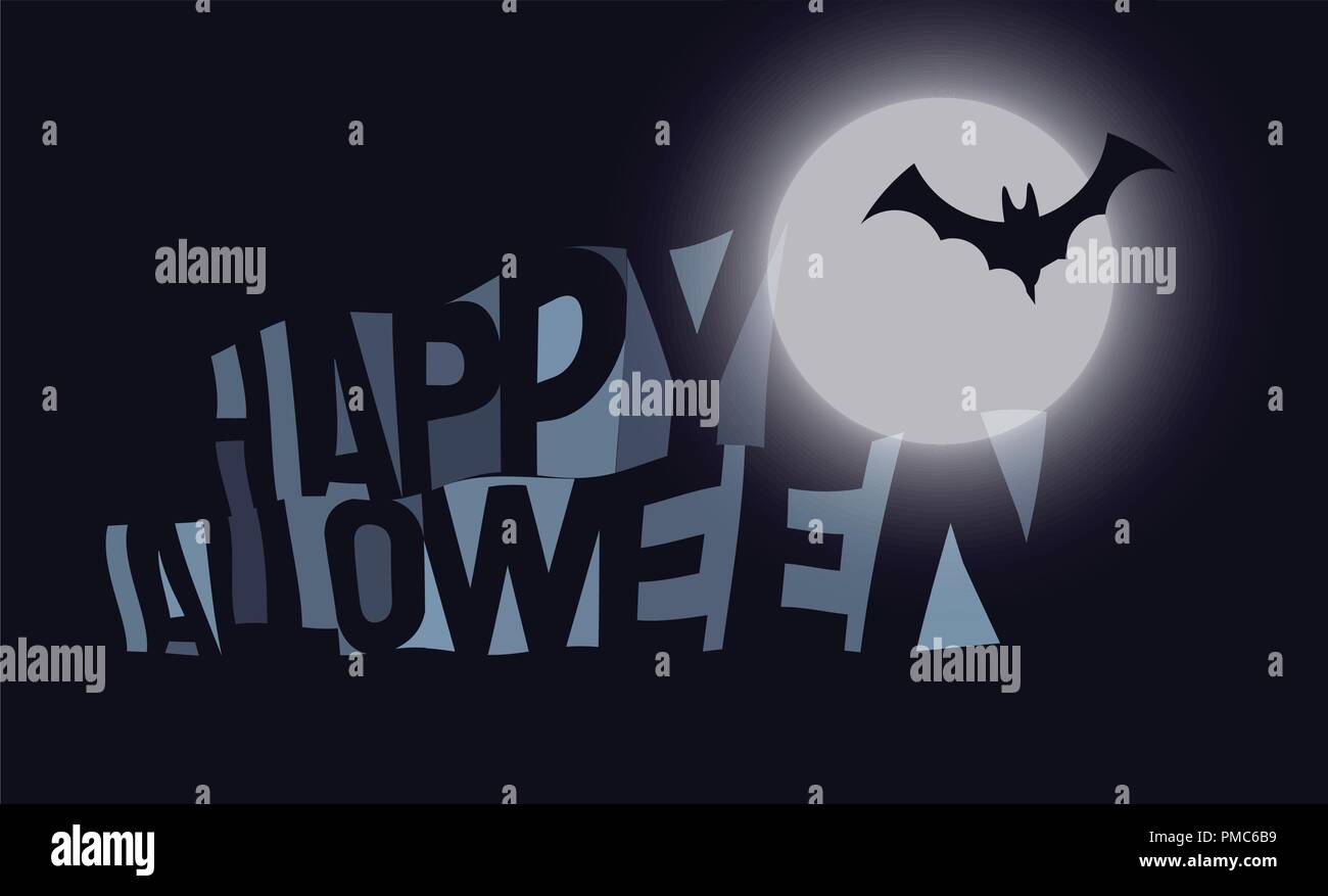 Lettering with moon and bat vector banner. Scary Happy Halloween banner