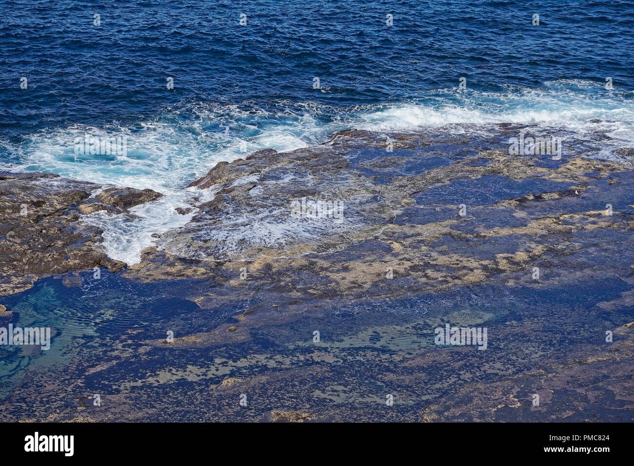 Rock shelf, rock pools and small waves, viewed from a cliff above. Stock Photo