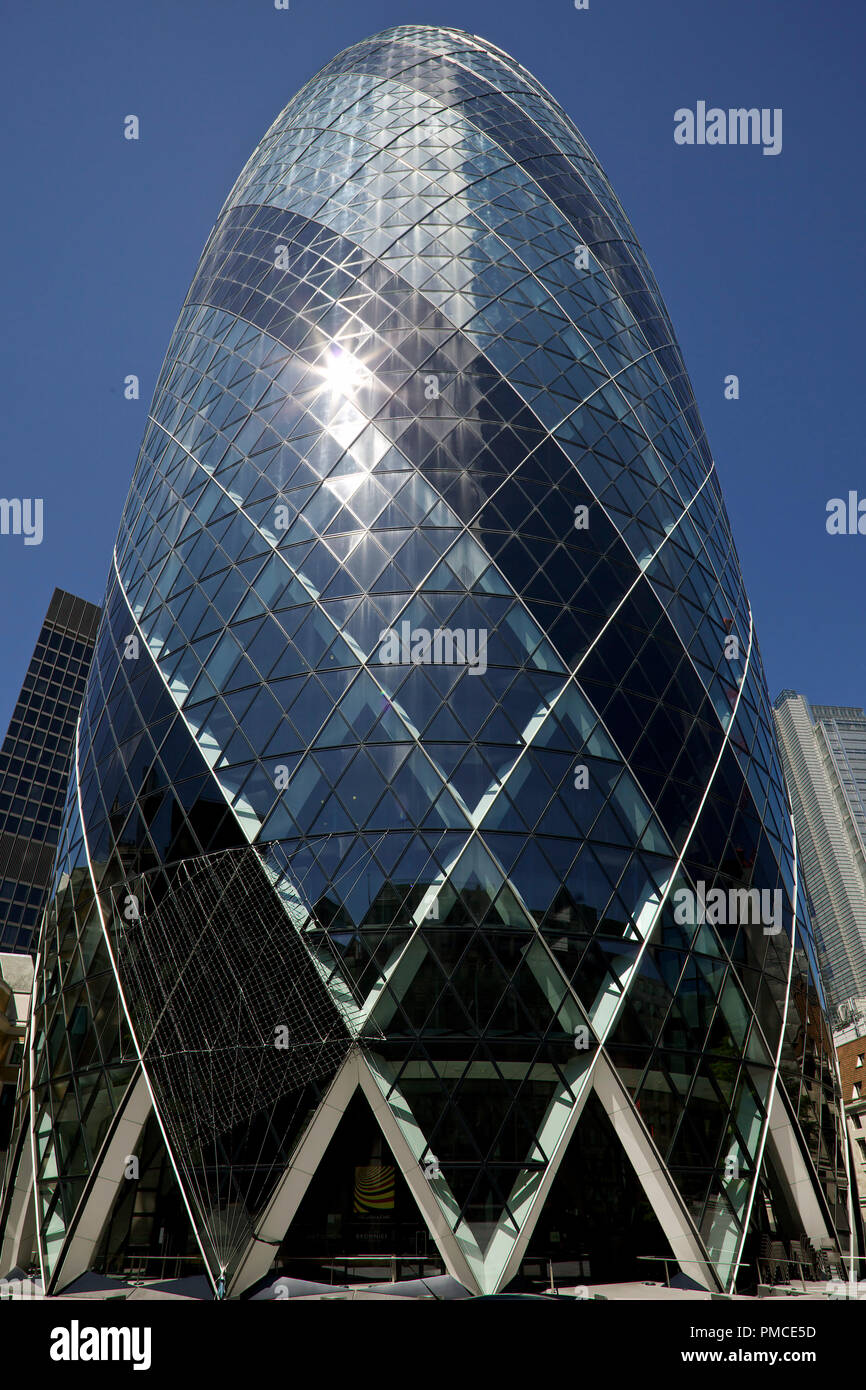 Gherkin is a skyscraper in London's financial district, designed by Norman Foster and Arup engineers. U.K. Stock Photo