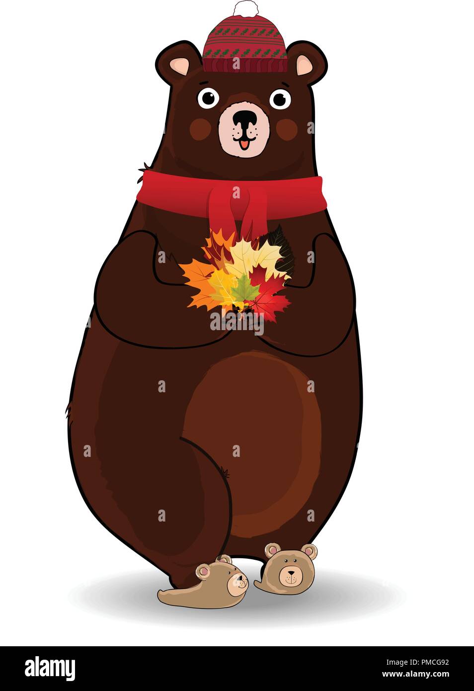 Vector cartoon character illustration of cute bear in red knitted scarf ...