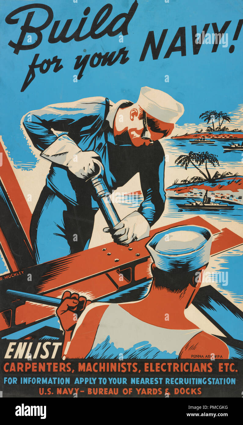 Build for your Navy! Enlist! Carpenters, machinists, electricians etc - Poster encouraging skilled laborers to join the Seabees as part of the war effort Stock Photo