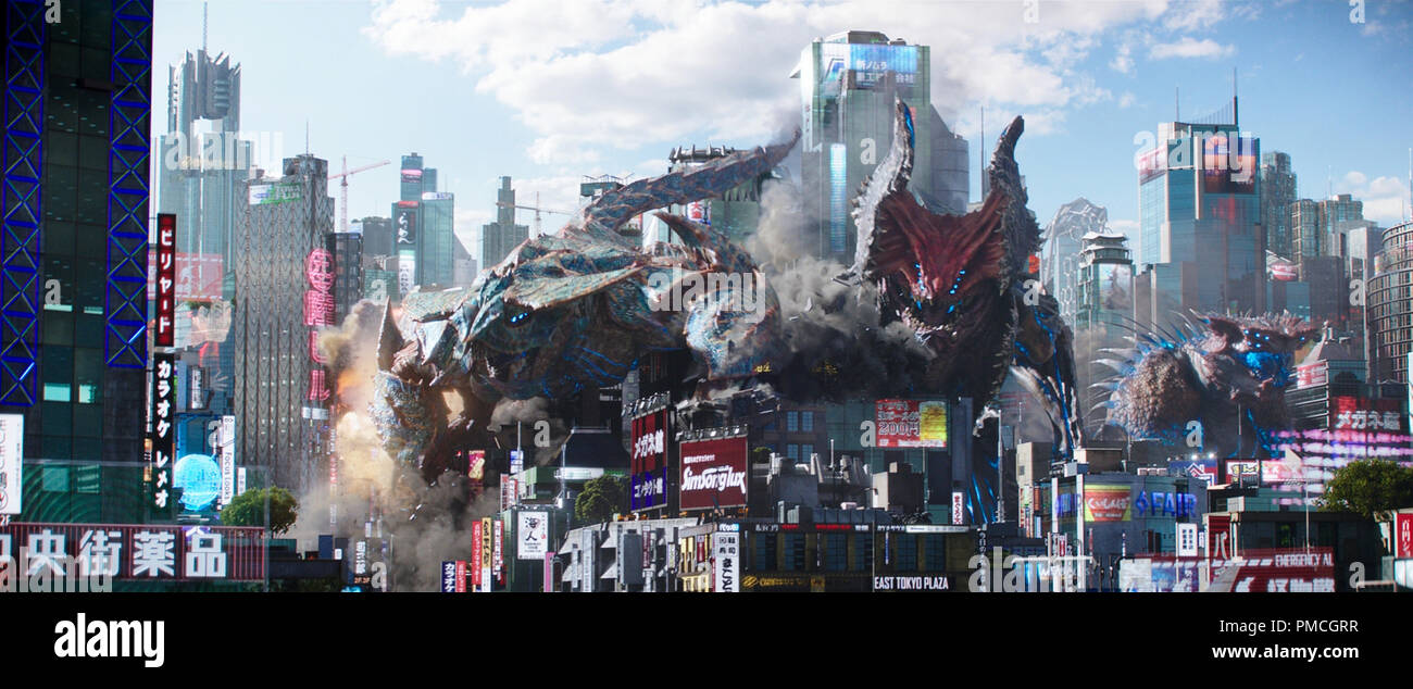 The monstrous Kaiju attack in 'Pacific Rim Uprising.'  The globe-spanning conflict between otherworldly monsters of mass destruction and the human-piloted super-machines built to vanquish them was only a prelude to the all-out assault on humanity. (2018) Universal Studios Stock Photo