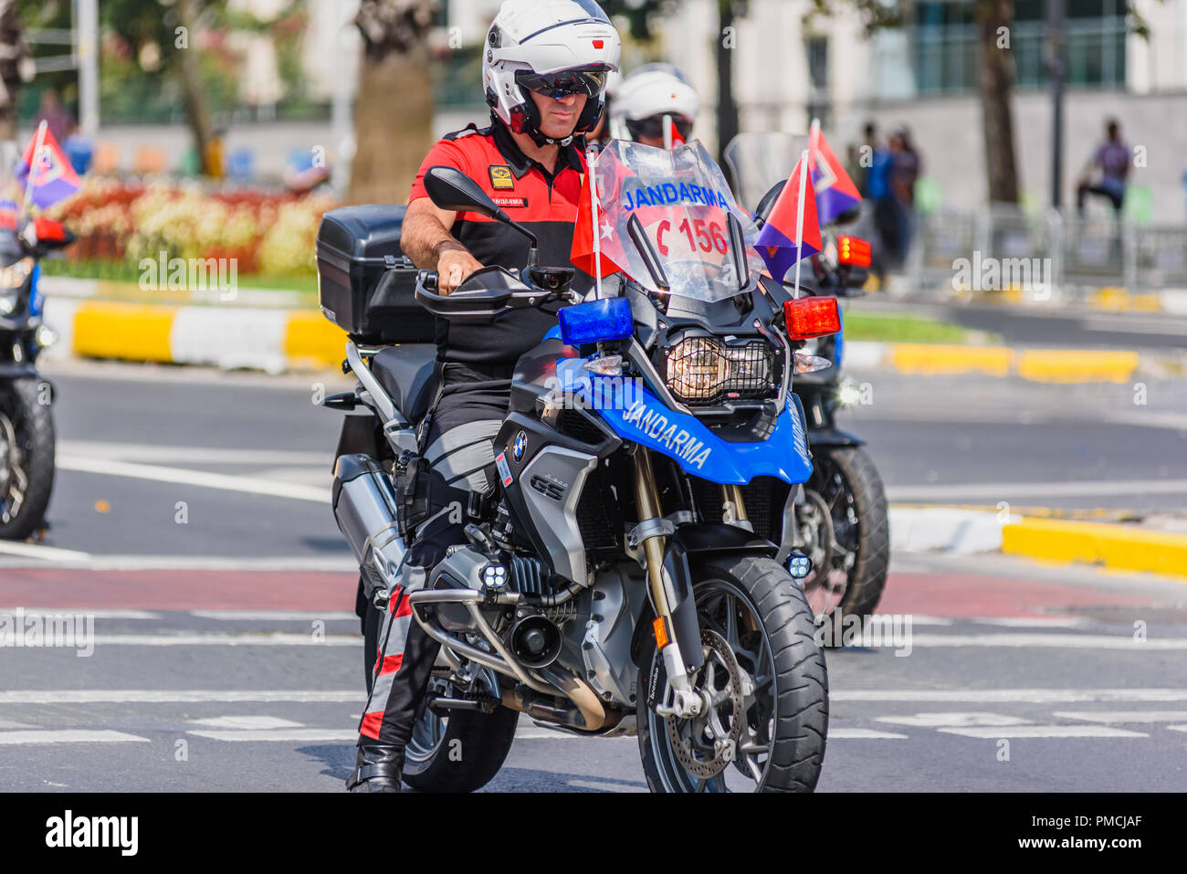 Turkish gendarmes on motorcycles parade at Turkish 30 August Victory day.Soldiers in formation in Istanbul,Turkey.30 August 2018 Stock Photo