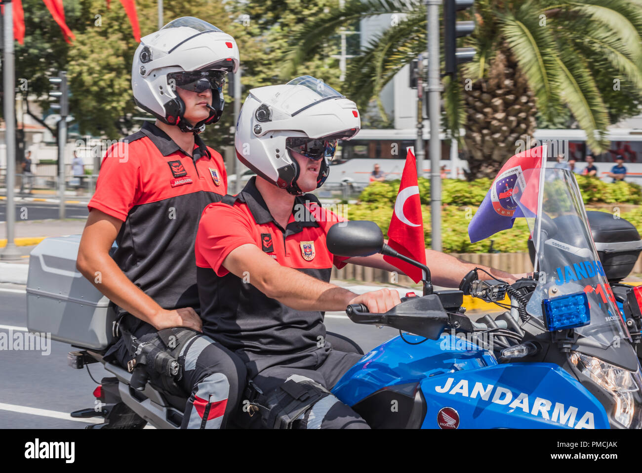 Turkish gendarmes on motorcycles parade at Turkish 30 August Victory day.Soldiers in formation in Istanbul,Turkey.30 August 2018 Stock Photo