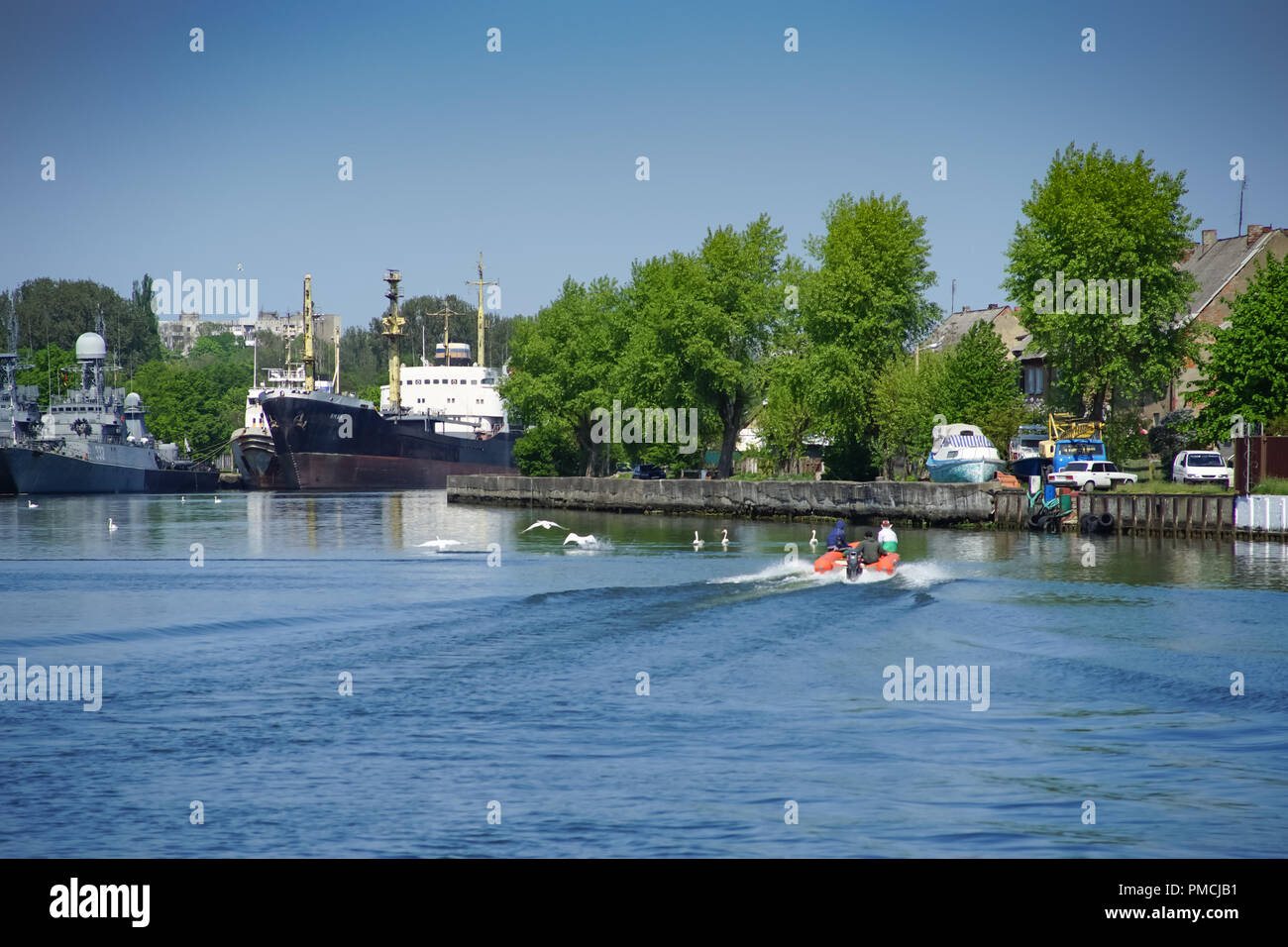 Baltiysk, Russia - may 19, 2016: Urban landscape with a seaport and ships at the pier. Stock Photo