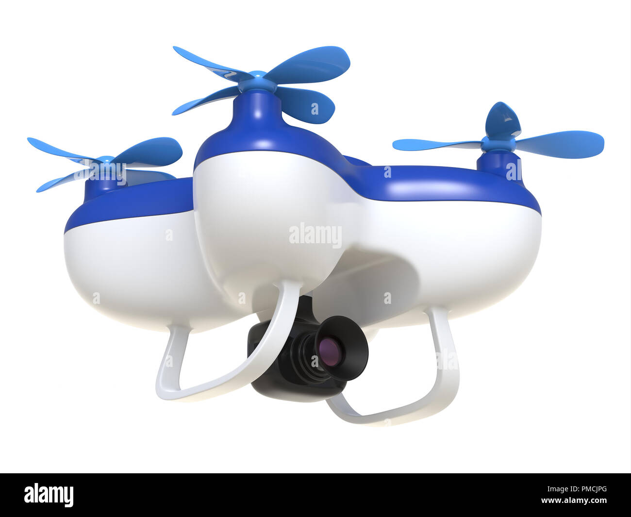 Abstract toy quadcopter drone with camera isolated on white background. 3D rendering. Stock Photo