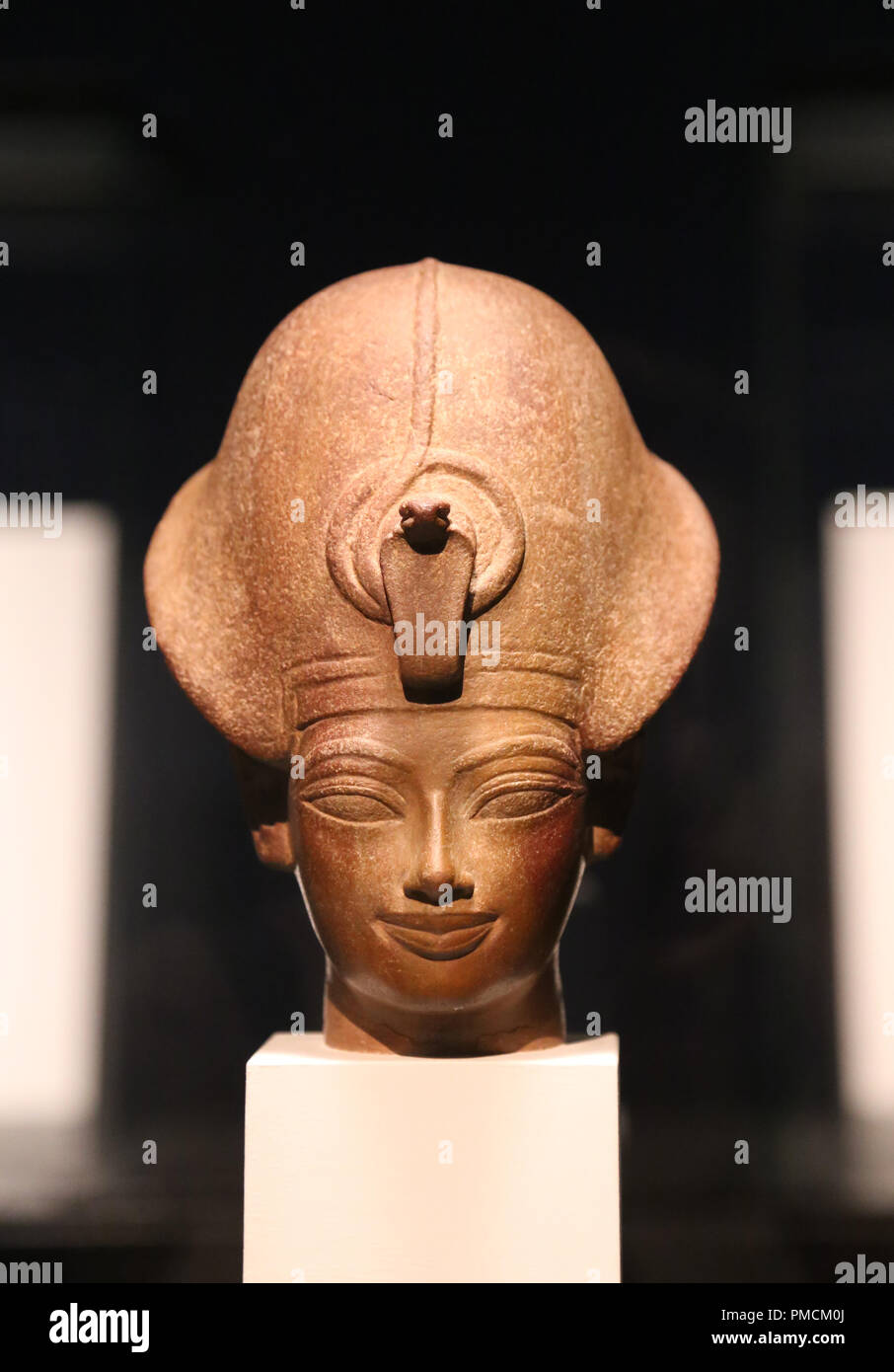 Egypt. Head of Amenhotep III. Wearing the Blue Crown Egypt. New Kingdom. Dynasty 18, 1386-1349 BC. British Museum. London. Stock Photo