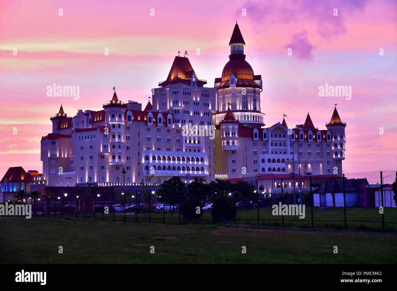 Sochi, Russia - May 29. 2018. hotel Bogatyr in Imereti bay in Adler in the evening Stock Photo