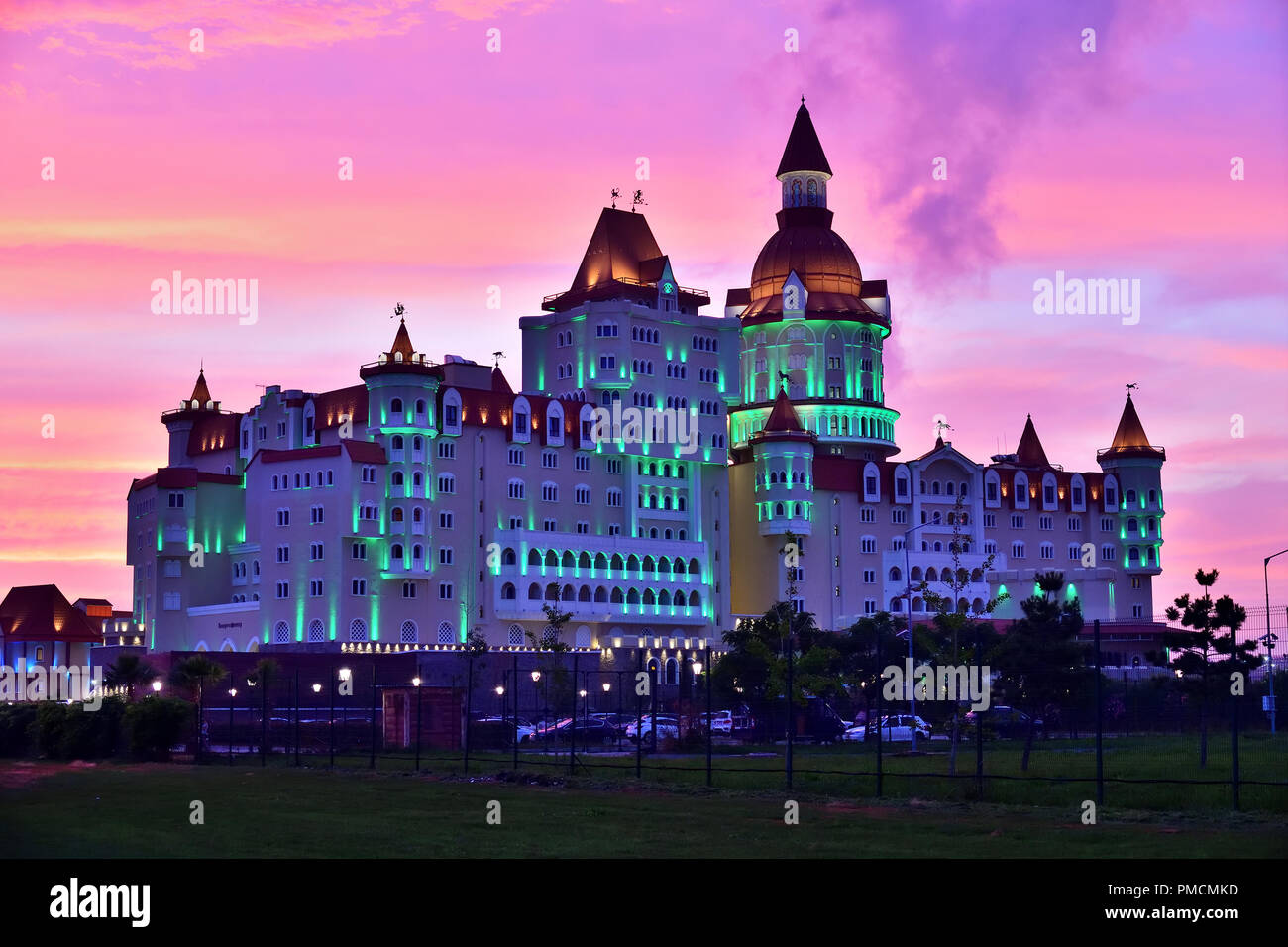 Sochi, Russia - May 29. 2018. hotel Bogatyr in Imereti bay in Adler with evening illumination Stock Photo