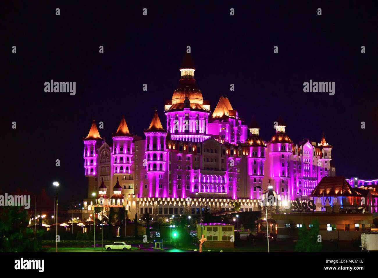 Sochi, Russia - May 29. 2018. hotel Bogatyr in Imereti bay in Adler with evening illumination Stock Photo