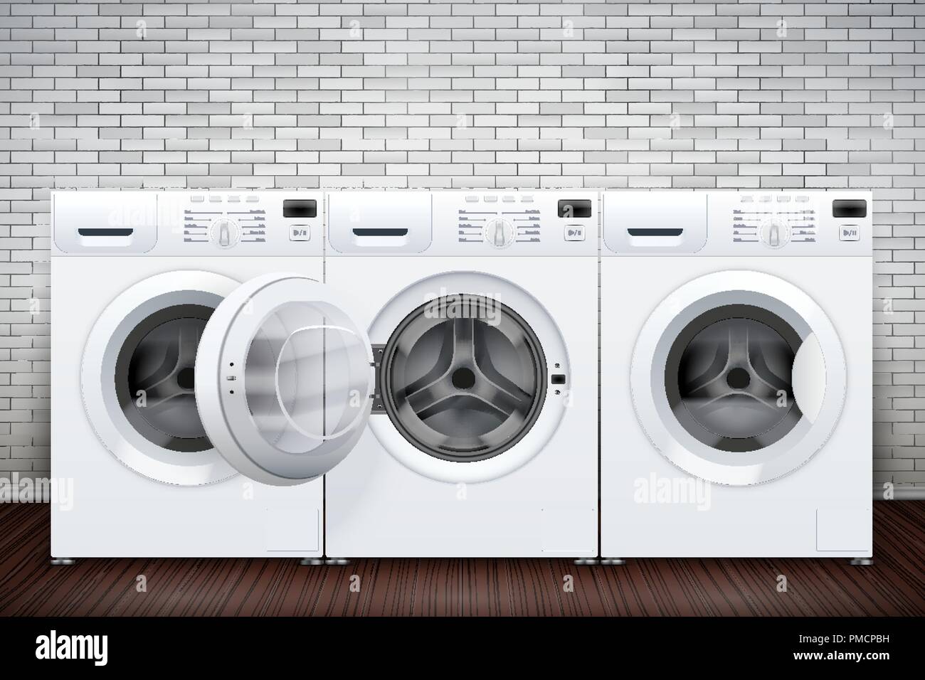 Laundry room of brick wall and washing machines Stock Vector